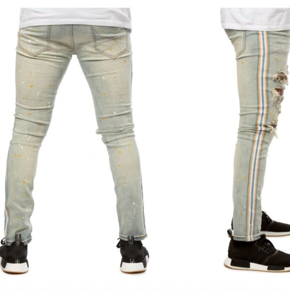 KDNK NORIEGA STRIPED SIDE PANEL JEANS Mens 34 Stretch Skinny Distressed D18 - Picture 2 of 11